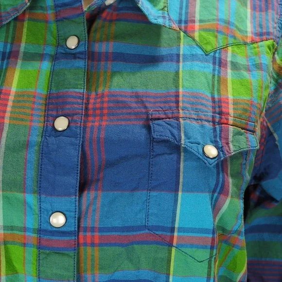 Ralph Lauren Colorful Green & Blue Plaid Snap Button-Up Shirt Large - Picture 4 of 11